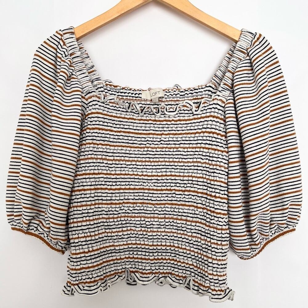 Loft Square Neck Smocked Blouse 3/4 Puff Sleeves Ruffle Trim Size XS White Multi